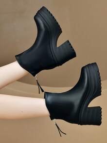 Queenzoo 2024 新款高跟短款拉链踝靴，舒适百搭 - 黑色 - 查看 3