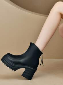 Queenzoo 2024 新款高跟短款拉链踝靴，舒适百搭 - 黑色 - 查看 5