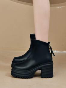 Queenzoo 2024 新款高跟短款拉链踝靴，舒适百搭 - 黑色 - 查看 4