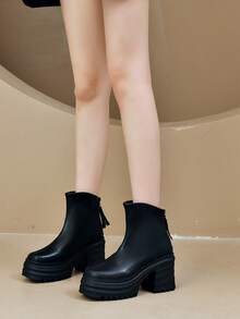 Queenzoo 2024 新款高跟短款拉链踝靴，舒适百搭 - 黑色 - 查看 2