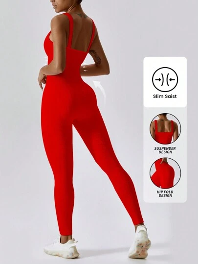 Yefecy 女士连体裤内置胸罩方领罗纹紧身运动无缝紧身裤连体衣塑身衣