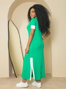 Long Midi Dress With Pocket And Slit Women's Fashion - Green - View 2