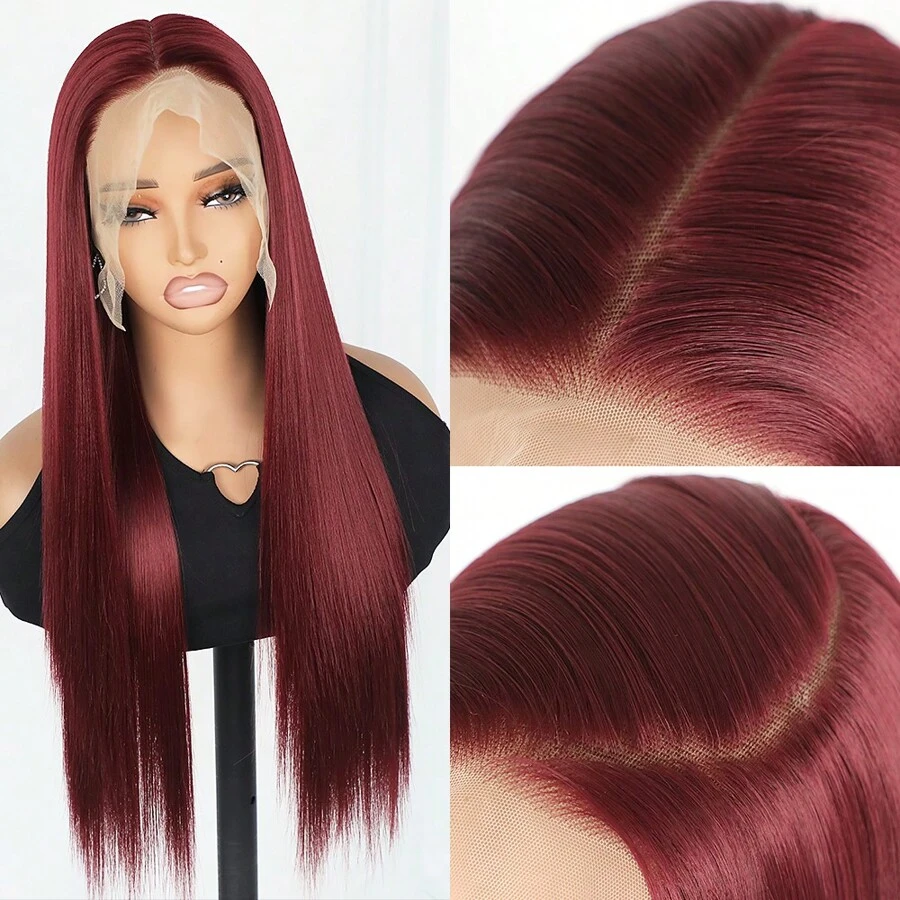 Orange Color Lace Front Wigs Synthetic Pre Plucked Free Part Wine Red Burgundy Long Silky Straight Green Hair 13x6 HD Lace Frontal Replacement Wigs Ice Pink Glueless 180% Density 26 Inches Light Blue 613 Light Blonde Heat Resistant Fiber Half Hand Tied Black Color For Fashion Women Girls Party Vacation Halloween Daily Wear - Màu Đỏ Sâu - Xem 1