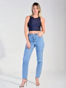 CROPPED TOP IN NON-TRANSPARENCY FABRIC - 藏蓝色 - 查看 3