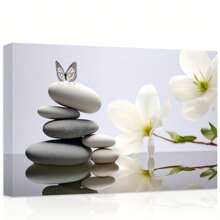 1pc (With Framed) Zen Canvas Wall Art, Stones And White Flowers Butterfly Pictures Prints Spa Painting Spiritual Meditation Room Yoga Office Bathroom Decor - Multicolor - View 1