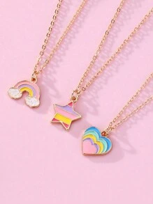 3 件套儿童可爱珐琅彩虹心形项链