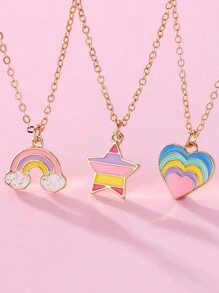 3 件套儿童可爱珐琅彩虹心形项链