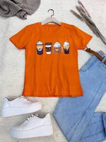 Women's T-Shirt With Coffee Cup Print - trái cam - Xem 4