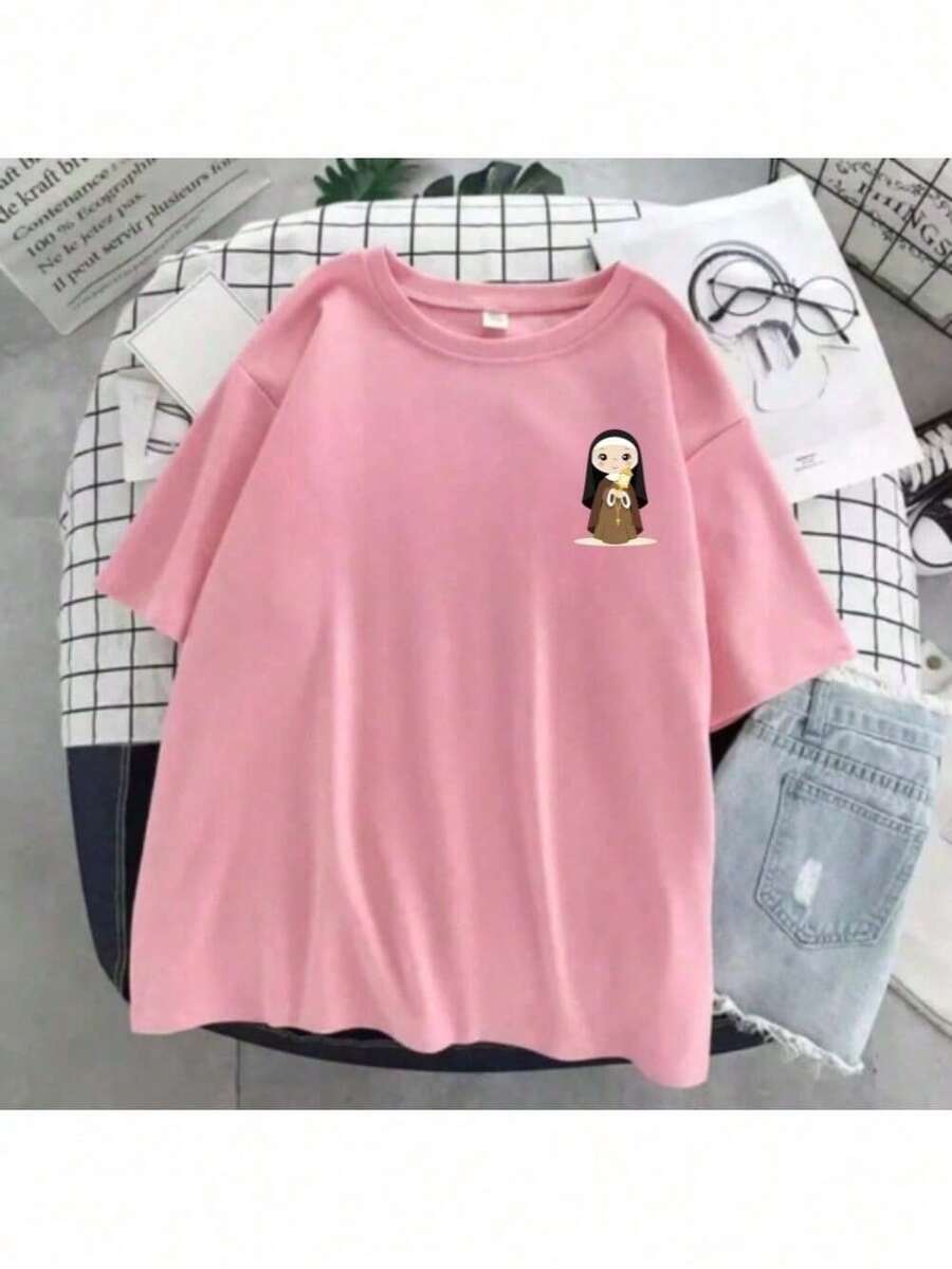 Unisex T-Shirt Printed With Santa Clara, Catholic Cartoon Design - 淺粉色 - 查看 1