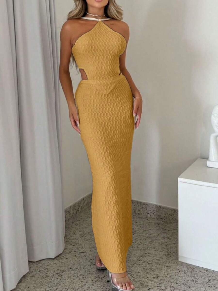 Long Peak Modal Dress With Back Ties - Màu Khaki - Xem 1