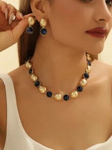 Set de 3 bucăți/set de bijuterii din cristal, cu model de val rotund, bleumarin - cercei și colier pentru femei