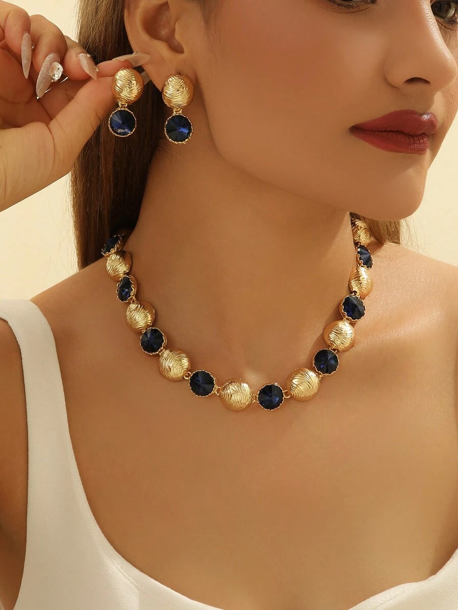 Set de 3 bucăți/set de bijuterii din cristal, cu model de val rotund, bleumarin - cercei și colier pentru femei