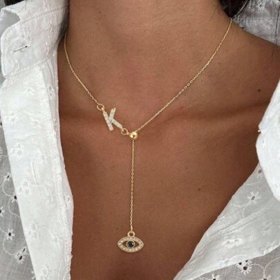 1 件时尚密镶锆石字母眼形吊坠经典不锈钢链式项链女式