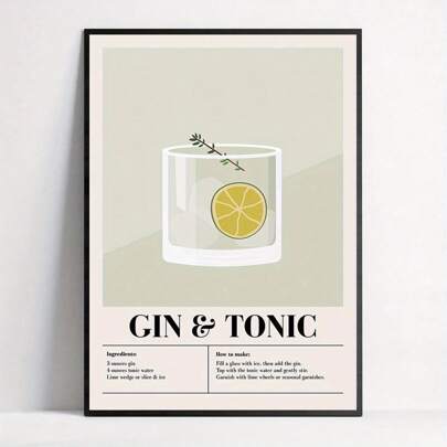 1pc Gin & Tonic Cocktail Canvas Art Print Poster With Lime & Rosemary - Frameless Wall Hanging Decor For Living Room, Bedroom, Home Office - Modern Retro Art Decor Style - Ink Letter Print Indoor Artwork, Wall Art Gifts Birthday Graduation