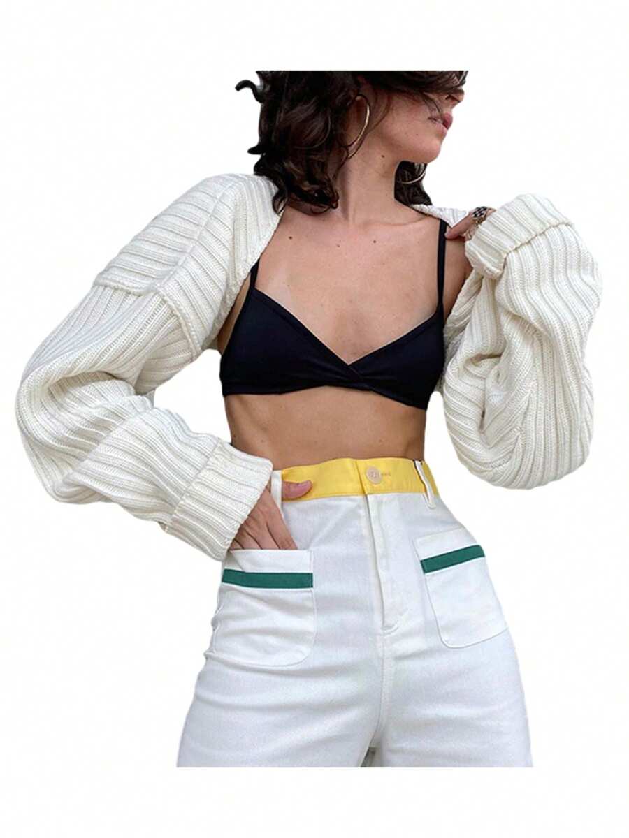 Newest Autumn New Woolen Blouse Women Ultra-Short Knitted Sweater Jacket Sexy Style Simple Solid Color Loose Version Jacket - trắng - Xem 1