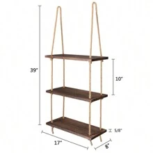 UNHO 3Tier Distressed Wood Swing Storage Shelve Jute Rope Wall Hanging Organizer Rack - Brown - View 4