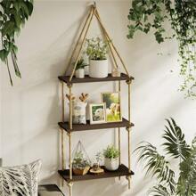 UNHO 3Tier Distressed Wood Swing Storage Shelve Jute Rope Wall Hanging Organizer Rack - Brown - View 1