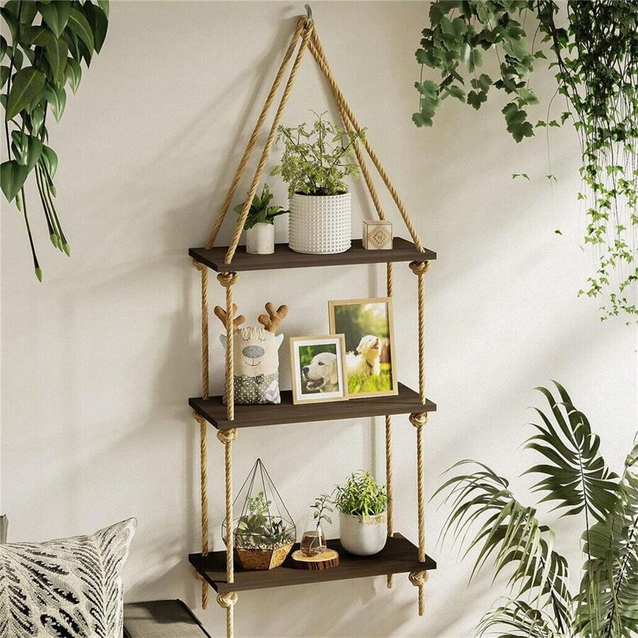 UNHO 3Tier Distressed Wood Swing Storage Shelve Jute Rope Wall Hanging Organizer Rack - Brown - View 1