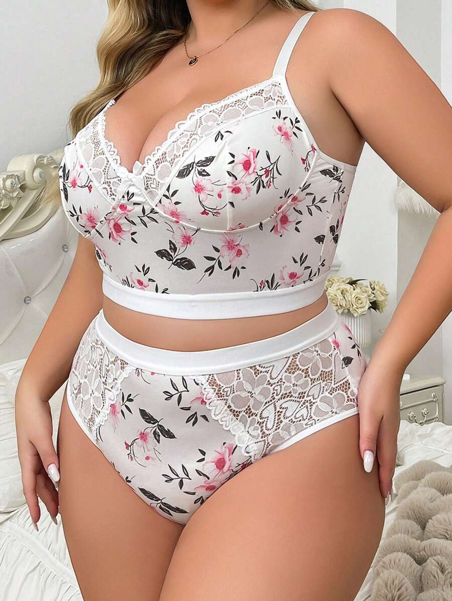 Conjunto de sujetador sexy y cómodo de talla grande con estampado floral negro para mujer - Negro - Ver 1