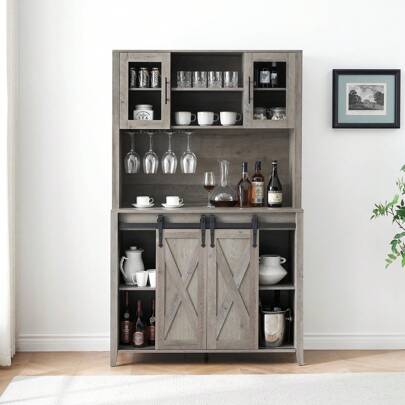 Wine Cabinet, Coffee Bar, Wine Cabinet With Sliding Barn Door, 70" High Farmhouse Kitchen Cupboard With Wine Rack And Glass Rack And Storage, Kitchen, Dining Room Pantry
