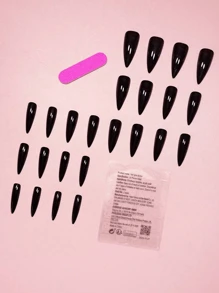 Transforme suas unhas com 24 peças de unhas postiças estilo francês stiletto extra longas na cor sólida preta moderna e clássica simples, kit de unhas falsas de cobertura total para uso diário em festas e danças, acessórios para unhas - Preto - Visão 3