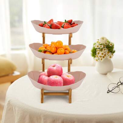  CNCEST Obst Etagere 3 Stöckig Obstschale mit Bambusholzständer 3-Tier Servierschalen mit Ständer Geeignet zum Ablegen von Obst Süßigkeiten Desserts usw (Beige/Weiß)