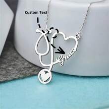 定制可爱心形听诊器姓名吊坠项链、不锈钢定制字母项链、护士医生铭牌吊坠项链、男士节日礼物、父亲节礼物、时尚珠宝、珠宝礼品配件、个性化不锈钢激光切割姓名项链节日装饰礼物、节日和周年纪念礼物（仅限英文定制） - 彩色 - 查看 1
