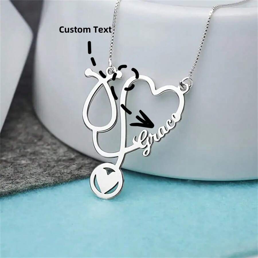定制可爱心形听诊器姓名吊坠项链、不锈钢定制字母项链、护士医生铭牌吊坠项链、男士节日礼物、父亲节礼物、时尚珠宝、珠宝礼品配件、个性化不锈钢激光切割姓名项链节日装饰礼物、节日和周年纪念礼物（仅限英文定制） - 彩色 - 查看 1