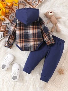 2pcs/Set Baby Boy Contrast Color Hooded Plaid Bodysuit + Ripped Long Pants - Royal Blue - View 3