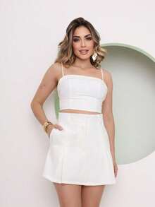 Cropped Top With Padding And Short Skirt Set In Dominique Fabric - trắng - Xem 1