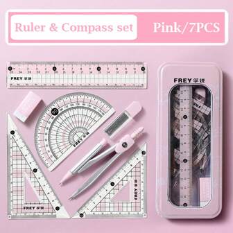 7 stuks/set multifunctionele liniaal/meterset voor studenten, zeven stuks 1 set liniaal en passer, ondersteunt driehoek, gradenboog, cirkelgereedschap, perfect hulpmiddel voor studenten, essentiële benodigdheden voor terug naar school, creatief cadeau voor Thanksgiving, Kerstmis, verjaardag en Halloween-decoratie