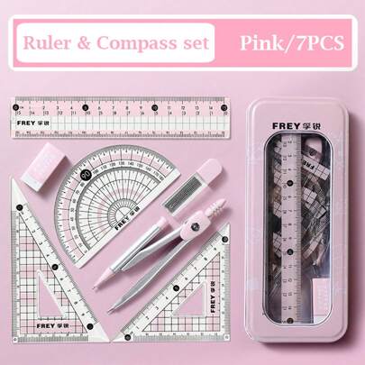 7Pcs/Set Student Examination Multifunction Ruler Gauge Set Seven Pieces 1 Set Ruler & Compass Set, Supports Triangle, Protractor, Circle Tool, Perfect Te Aching Tool For Students,Back To School Essentials,Creative Gift For Thanksgiving, Christmas, Birthday Halloween Decoration Back To School