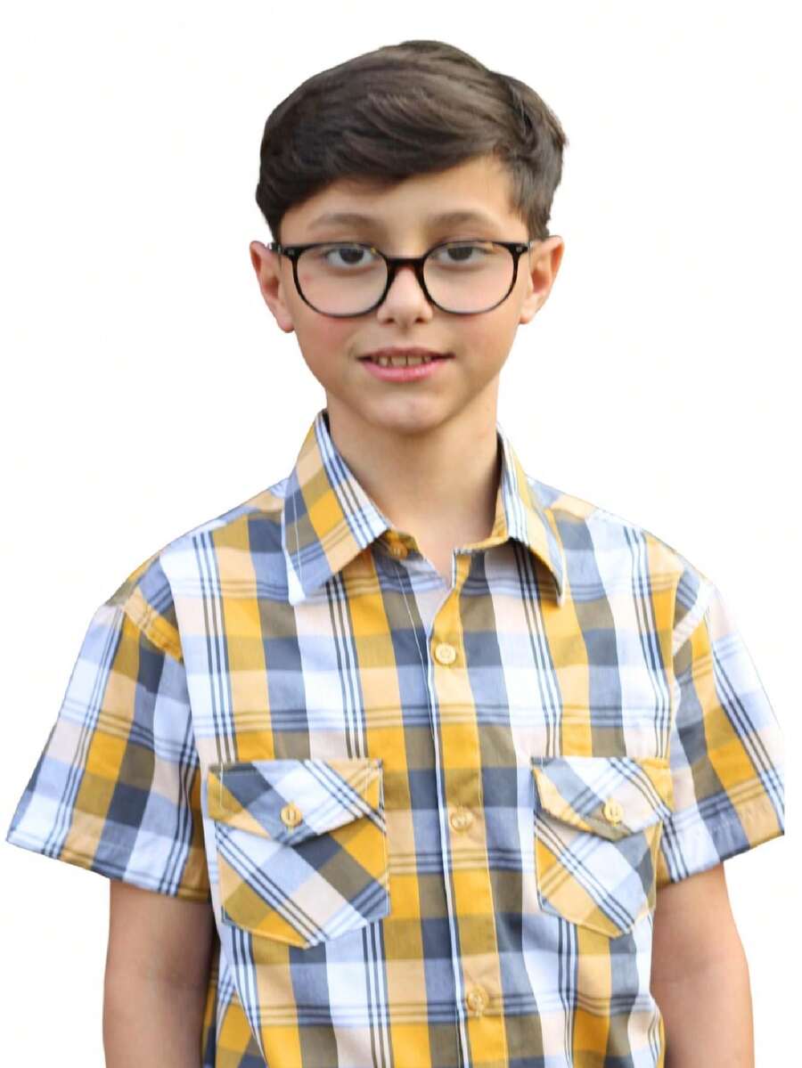 Children's Plaid Shirt Short Sleeve Children's Youth - 黃色 - 查看 1