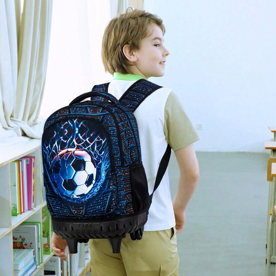 3PCS Soccer Rolling Backpack For Boys, Kids School Backpacks With
