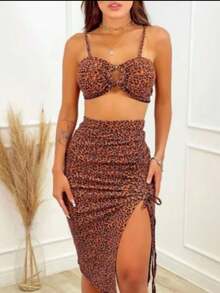 Women's Midi Skirt With Side Slit In Leopard Print - 鏽棕色 - 查看 2