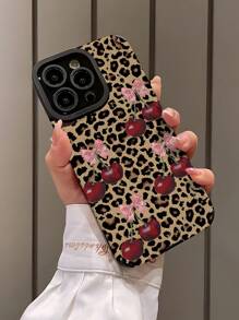 猎豹印花情人节 1 件复古樱桃蝴蝶结和豹纹垂直仿皮柔软防震手机壳适用于 和 15/15 PLUS/15 PRO/15 PRO MAX 防水防摔防刮 - 彩色 - 查看 2