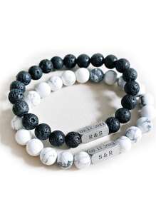 1 件个性化串珠情侣手链，周年纪念、生日、父亲节雕刻礼物 - 黑色 - 查看 3