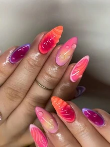 24 Long Nails Colorful Color Matching European And American 3D Three -Dimensional Water Droplet French Almond Personalized Nails+1 Piece Of Fruit Jelly Glue+1 Rubbing Strip Press On Nails Nail Supplies Nails - Multicolor - View 1