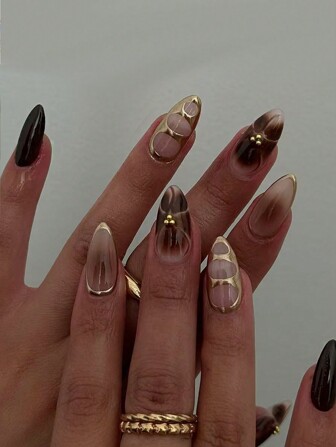 24 件长杏仁形按压指甲礼盒 Y2K 浅金色魔镜粉色条纹小钢珠棕色细节花朵法式边缘氛围礼物，多功能便携式假指甲带果冻胶一片摩擦条 1 件美甲用品指甲