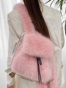 1pc Faux Fur Backpack, Drawstring Closure Solid Color Versatile Large Capacity Backpack For Students & Girls, Autumn/Winter - Pink - View 4
