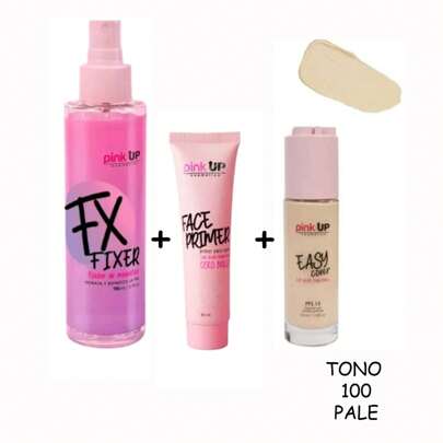 Kit Pink Up Fijador de Maquillaje Fx Fixer + Face Primer con Acido Hialurónico + Base de Maquillaje liquido Easy Cover Acido con Hialurónico FPS15 Tono 100 Pale
