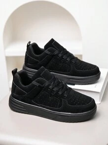 女士时尚高档灰色透气系带休闲防滑运动鞋，户外百搭简约风格厚底增高运动鞋 - 黑色 - 查看 4