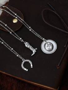 3pcs Turquoise Western Style Retro Cowgirl Horseshoe Cactus Pendant Necklace Set (Bead Chain Length Adjustable, Not By Bead Count) - Antique Silver - View 3