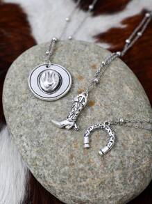3pcs Turquoise Western Style Retro Cowgirl Horseshoe Cactus Pendant Necklace Set (Bead Chain Length Adjustable, Not By Bead Count) - Antique Silver - View 4