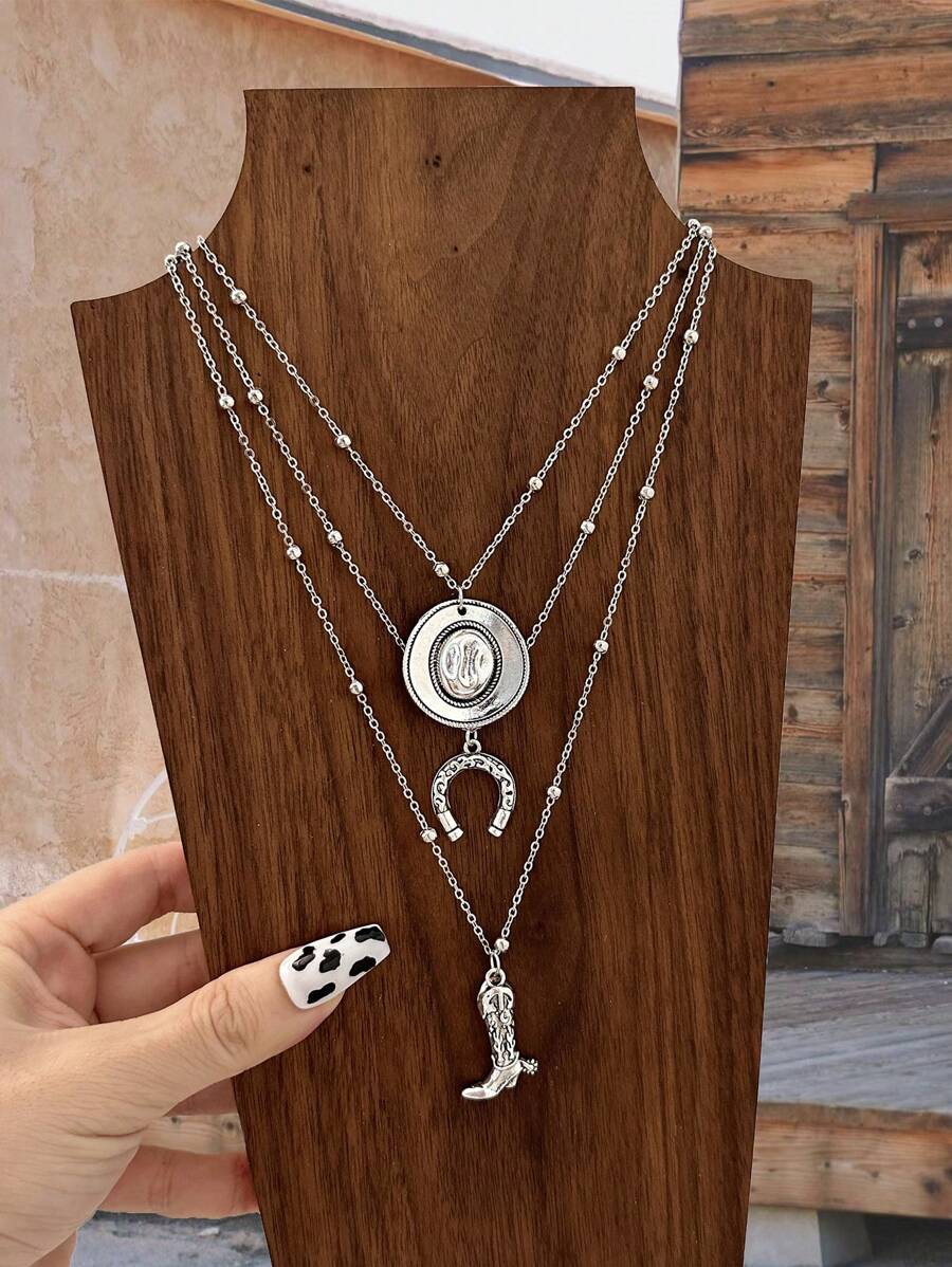 3pcs Turquoise Western Style Retro Cowgirl Horseshoe Cactus Pendant Necklace Set (Bead Chain Length Adjustable, Not By Bead Count) - Antique Silver - View 1