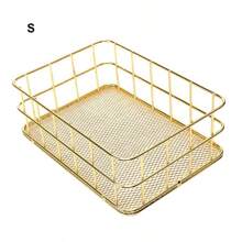1 pieza Cesta de almacenamiento de metal estilo escandinavo, organizador de escritorio para maquillaje, joyería, artículos de papelería, bocadillos, color dorado, para volver al colegio