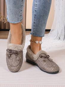 Women's Winter Soft Bottom Plush Flat Indoor Outdoor Home Furry Slippers, Casual Bowknot Non-Slip Slip-On Moccasins