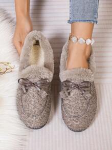 Women's Winter Soft Bottom Plush Flat Indoor Outdoor Home Furry Slippers, Casual Bowknot Non-Slip Slip-On Moccasins
