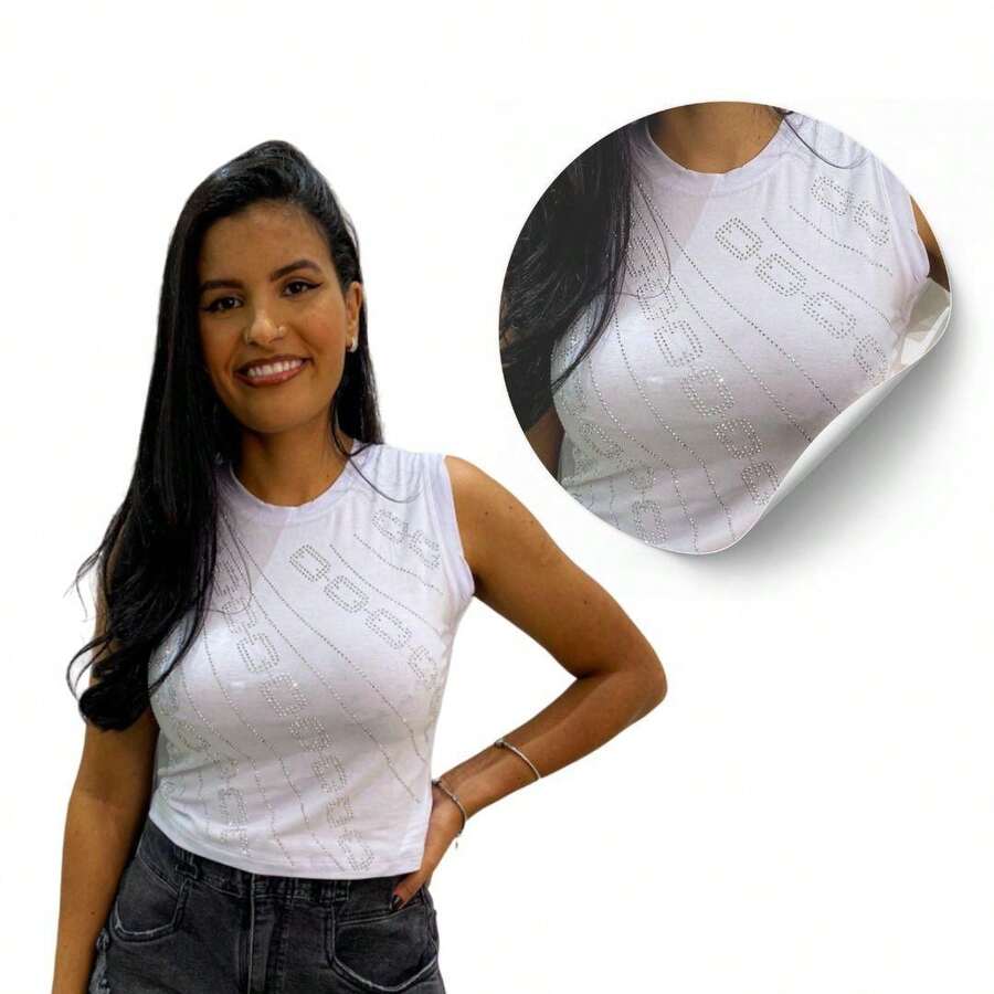 Cropped Women's Blouse Tank Top With Shine Elegant Blogger Fashion - trắng - Xem 1