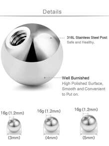 100 件 316L 不锈钢穿刺替换球身体首饰穿刺杠铃配件 14G 16G 18G 20G 3 毫米 4 毫米 5 毫米 6 毫米 8 毫米球 适合女性男性 - 銀色 - 查看 2